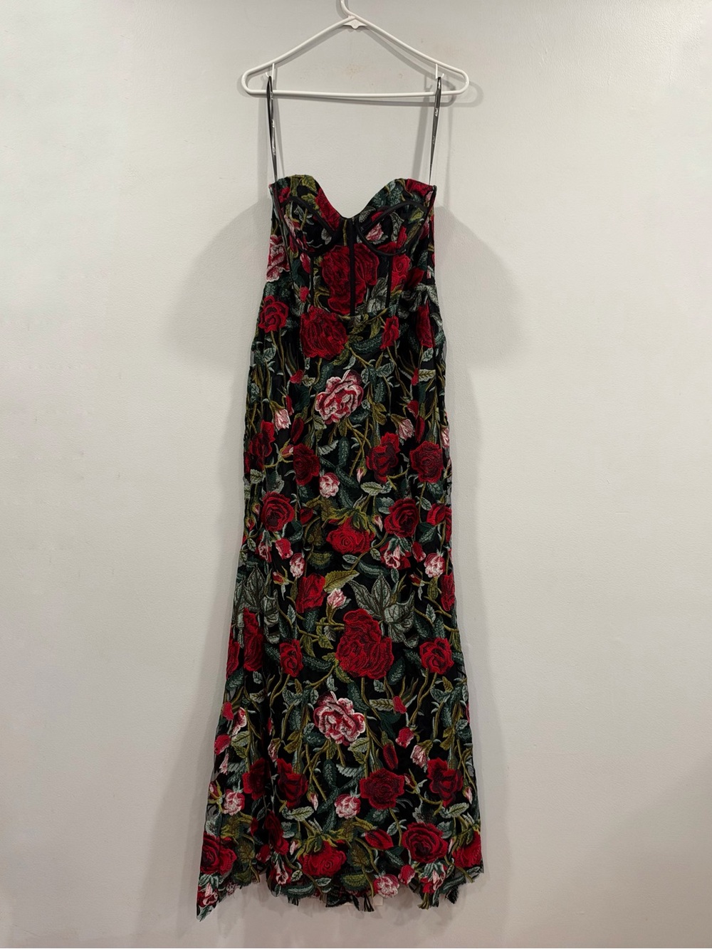 Mac Duggal 20757 Black Sheer Bustier Top Floral Applique Gown Sz 10